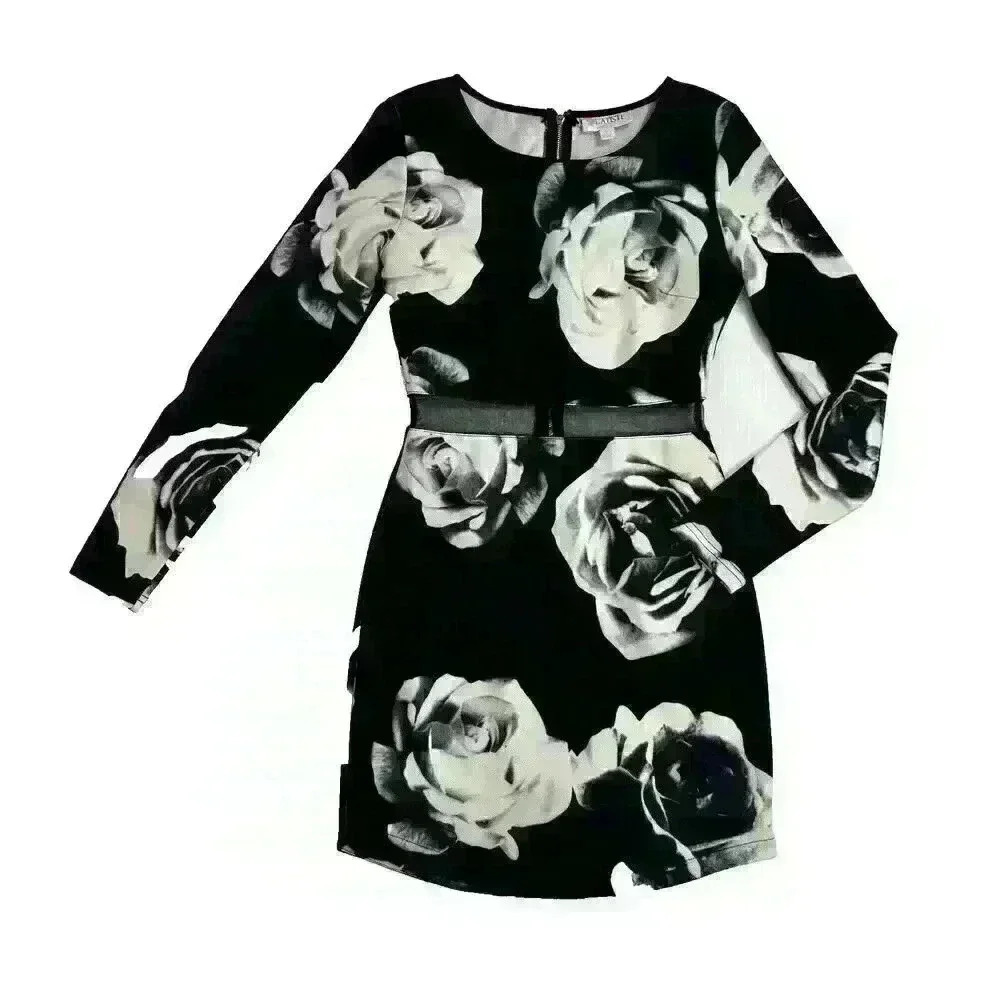 L'Atiste by Amy Womens SM Mini Shift Dress Navy Blue White Floral Long Sleeve